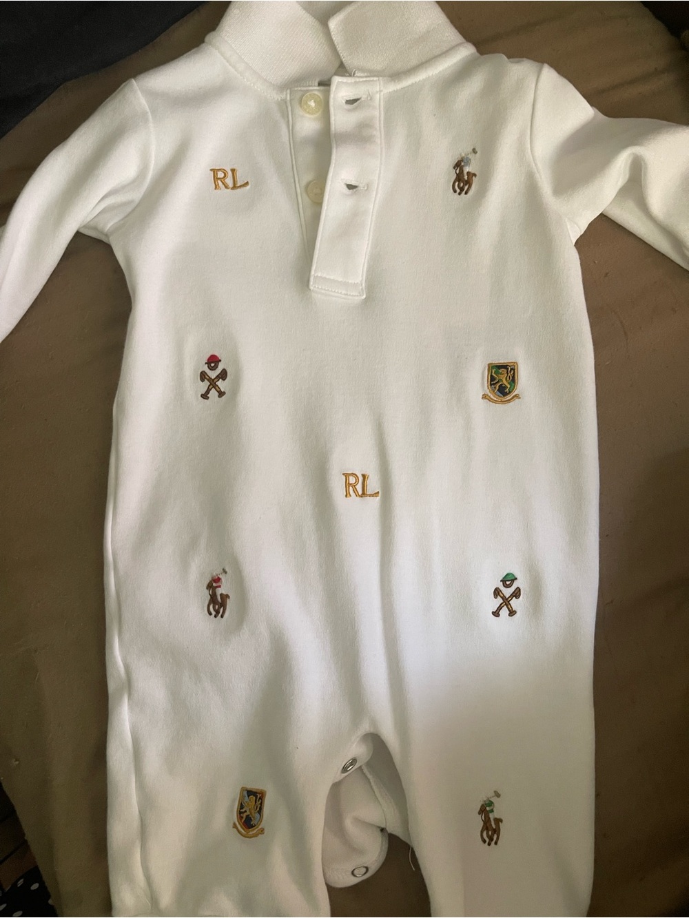 Ralph Lauren White Embroidered Polo Crest Baby One-Piece